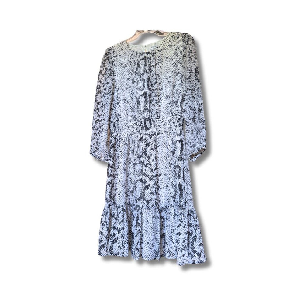 J. Crew Snakeskin Print‎ Smocked Waist Long Sleeve Tiered Dress Gray Small